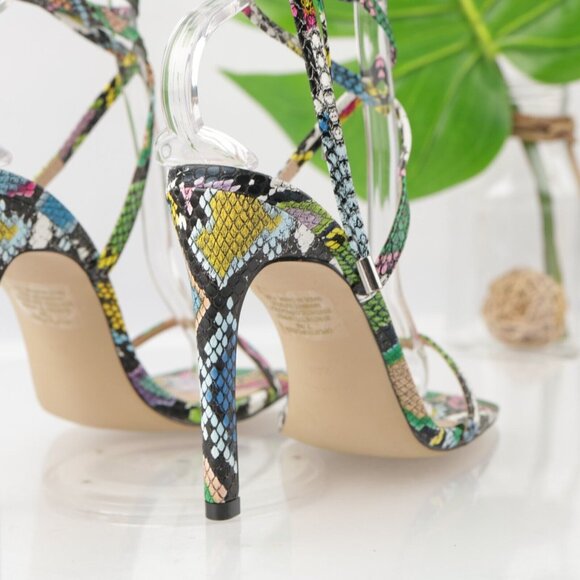 Steve Madden Womens Uplift Sandal Size 7.5 Multicolor Snake Strappy Ankle Wrap - Picture 4 of 13